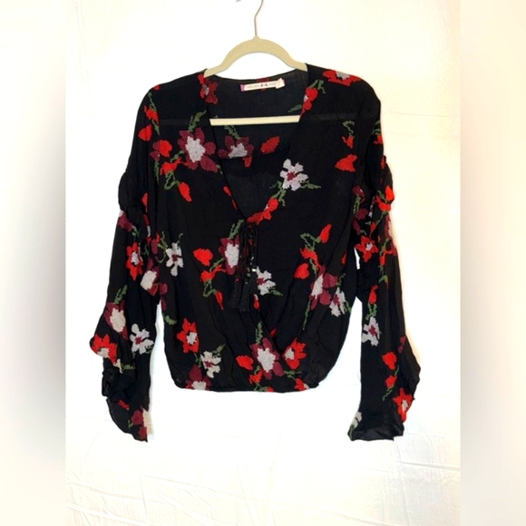 Chelsea & Violet Black Blouse with Red & White Design & Ruffle Bell Sleeve - Picture 1 of 6
